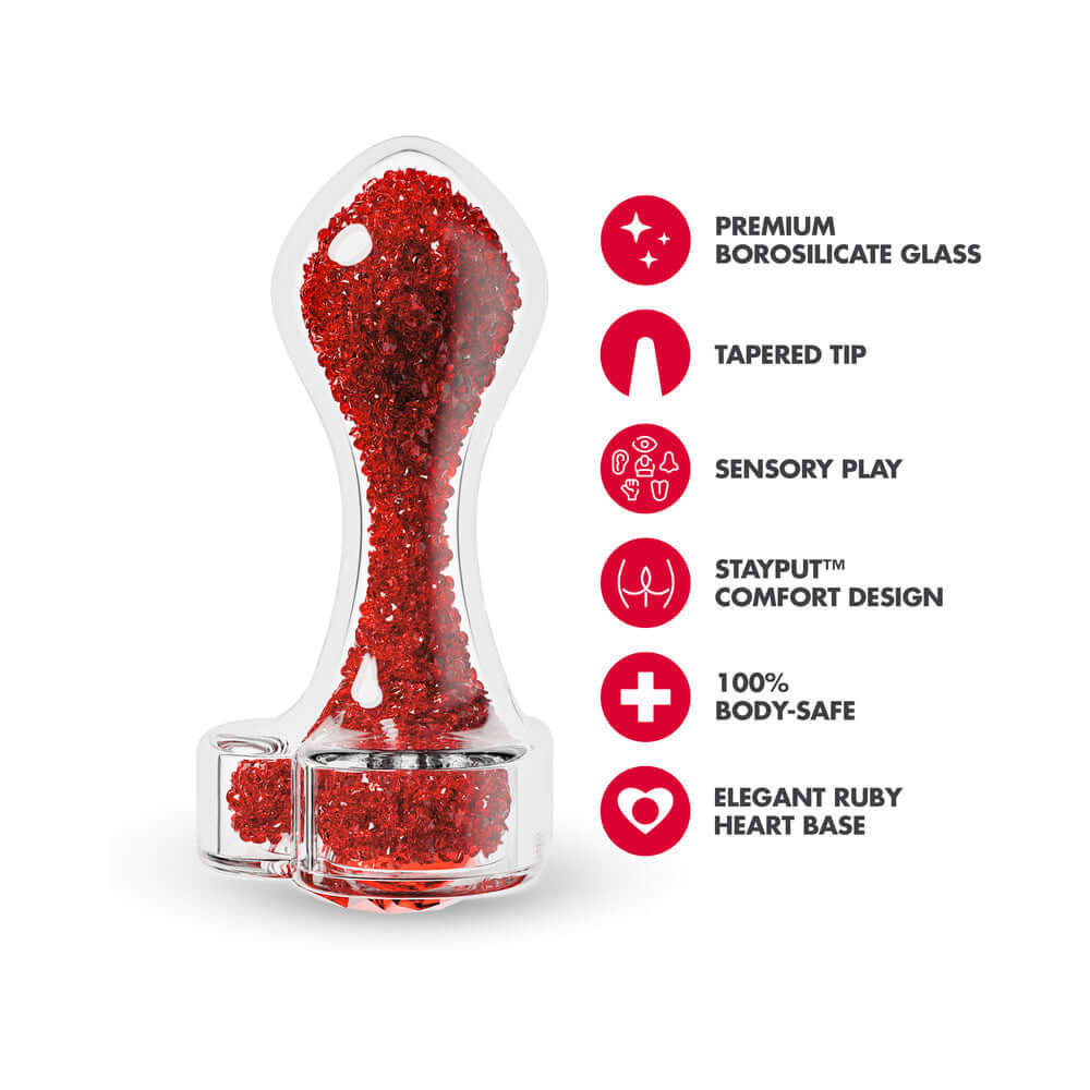 Oh My Gem Lustre Glass Anal Plug Red, premium borosilicate glass, tapered tip, elegant ruby heart base.