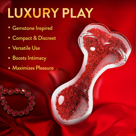 Oh My Gem Lustre Glass Anal Plug Red on a luxurious red background with gemstone inspired design and features.