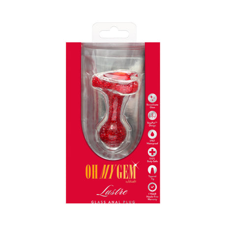 Oh My Gem Lustre Glass Anal Plug Red in packaging, showcasing luxurious red design and premium borosilicate glass.