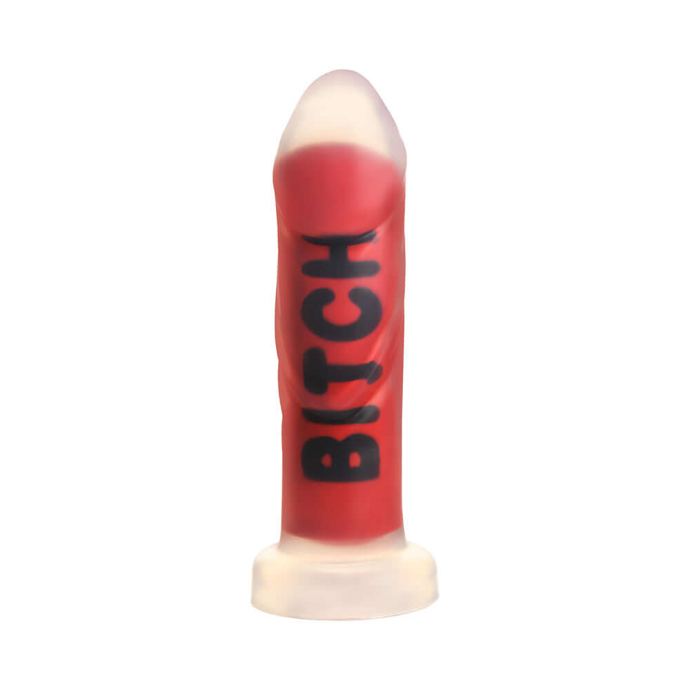 Master Series BITCH Silicone Dildo in red color with a thick build, perfect for intense pleasure and kink enthusiasts.
