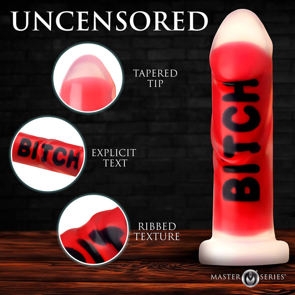 Master Series BITCH Silicone Dildo with tapered tip, explicit text, and ribbed texture.