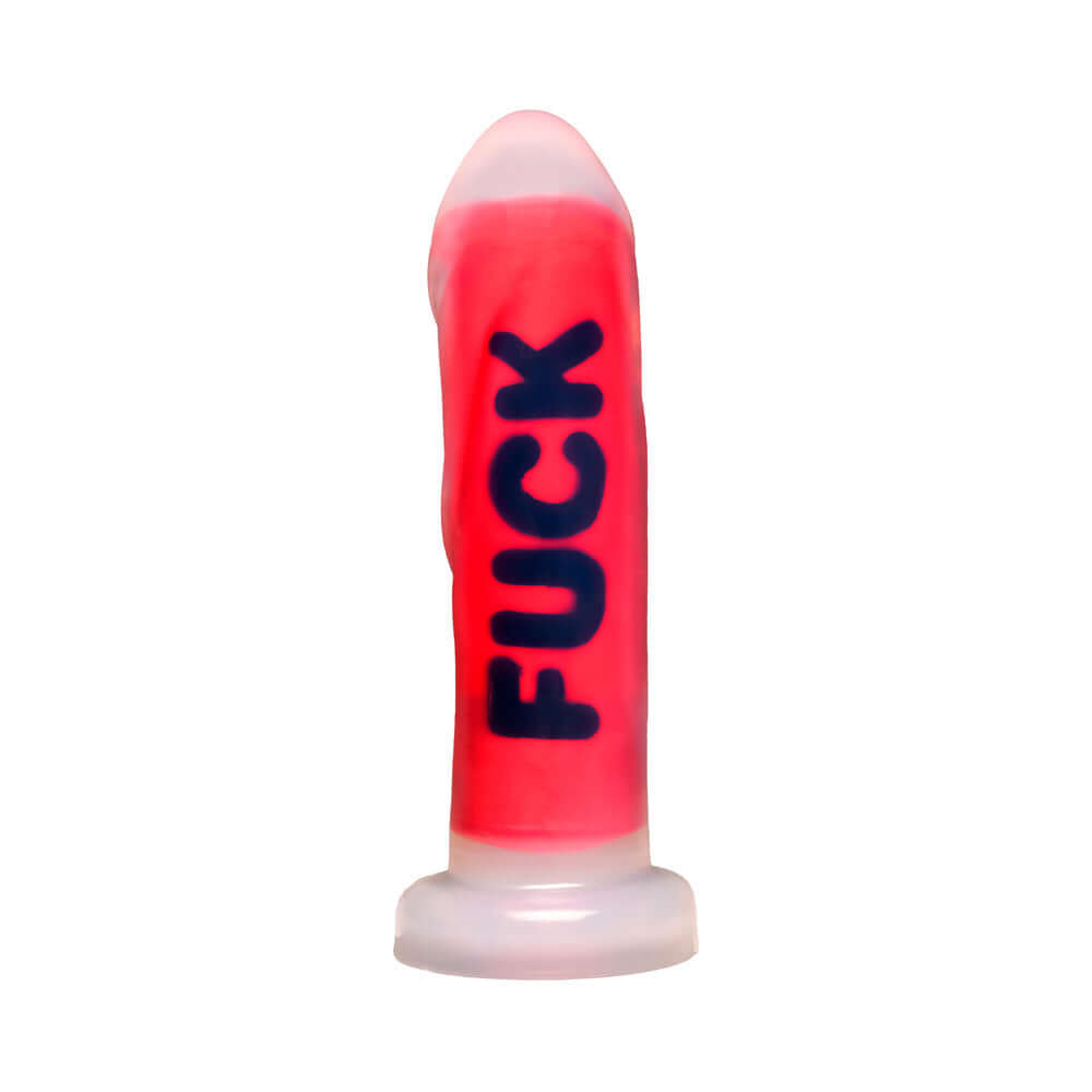 Master Series FUCK Silicone Dildo in vibrant pink with bold lettering for intense pleasure.