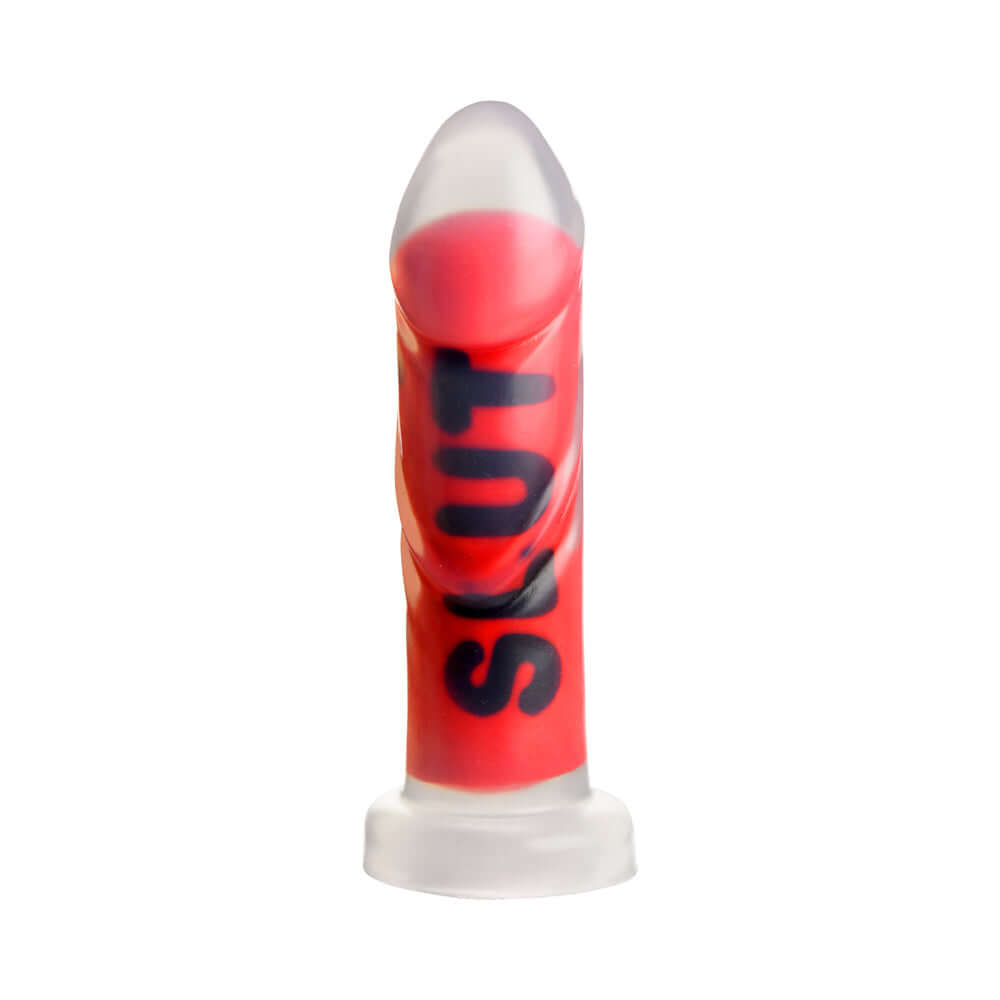 Master Series SLUT Silicone Dildo in vibrant red featuring the word SLUT, showcasing its unique design and premium quality.