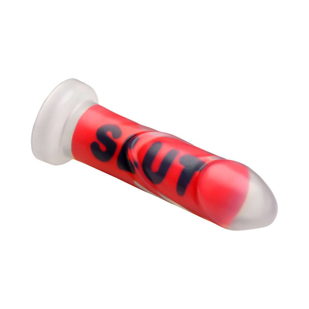 Master Series SLUT Silicone Dildo in red with bold lettering, designed for intense erotic exploration.