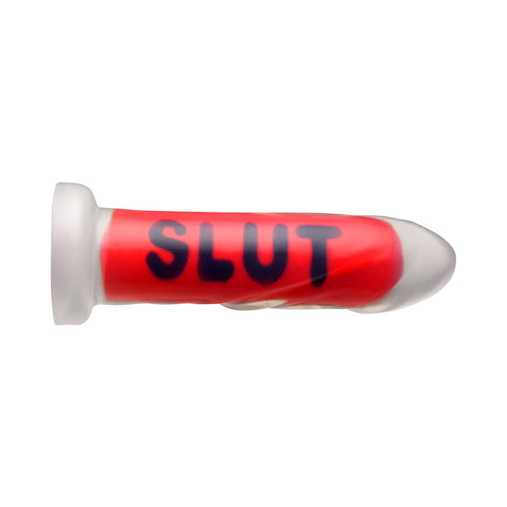 Master Series SLUT Silicone Dildo in bold design with the word 'SLUT' printed on it, showcasing its unique style.