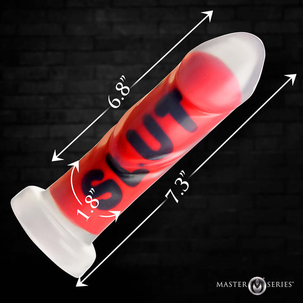 Master Series SLUT Silicone Dildo featuring an impressive 1.8-inch girth and 6.8-inch length for intense pleasure.