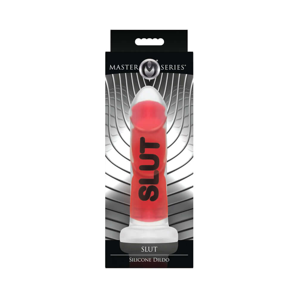 Master Series SLUT Silicone Dildo in red packaging, designed for intense pleasure and erotic exploration.