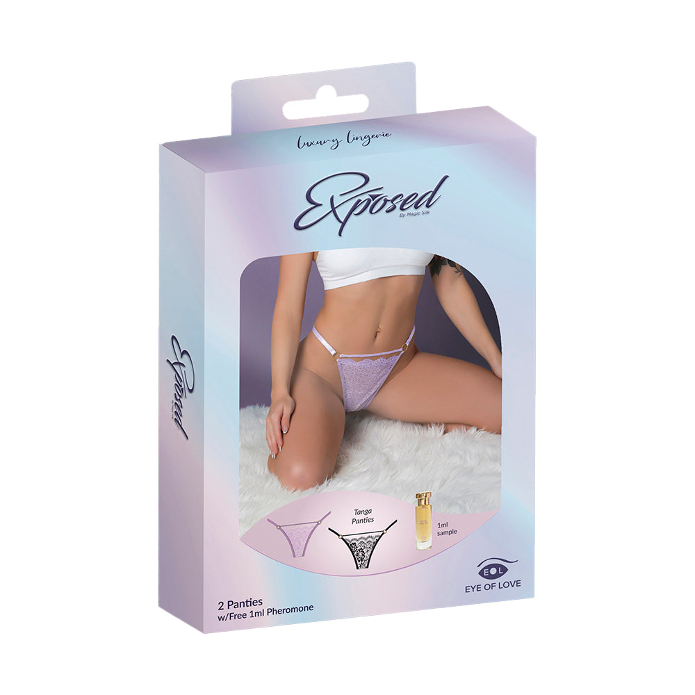 Magic Silk Pheromone Tanga Panty 2-Pack Lilac Black QS packaging featuring elegant design and pheromone essence.