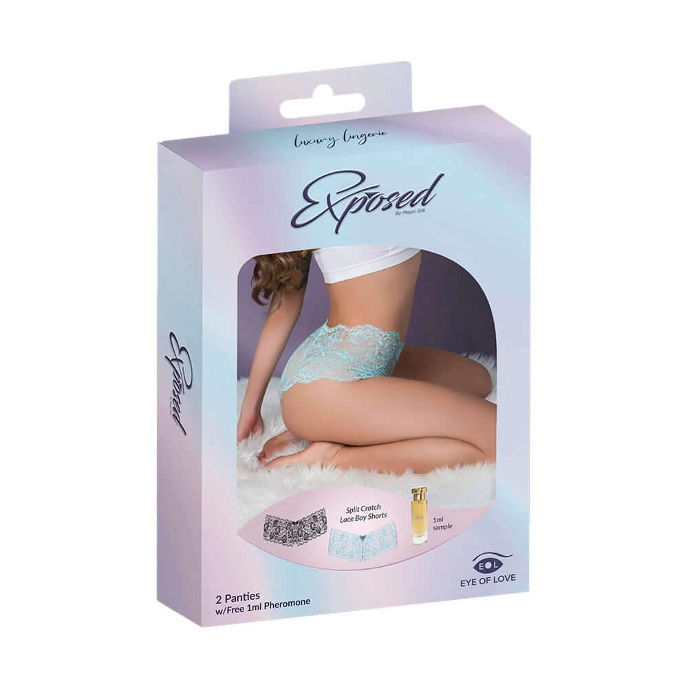 Magic Silk Panties Split Crotch Lace Boy Short 2 Pack Aqua Black S M packaging featuring a model with a seductive pose.