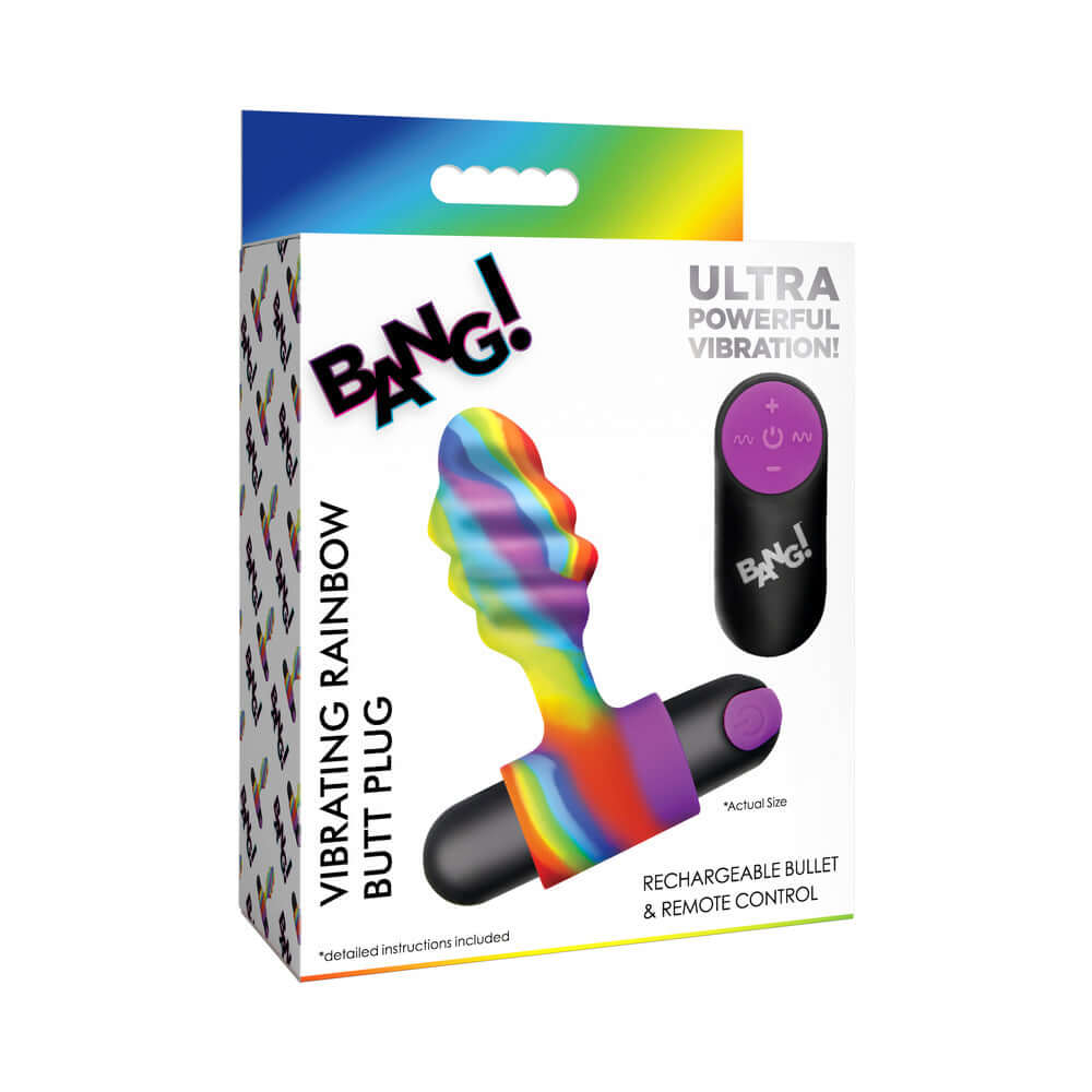 BANG Vibrating Rainbow Butt Plug packaging showcasing vibrant colors, textured design, and remote control.
