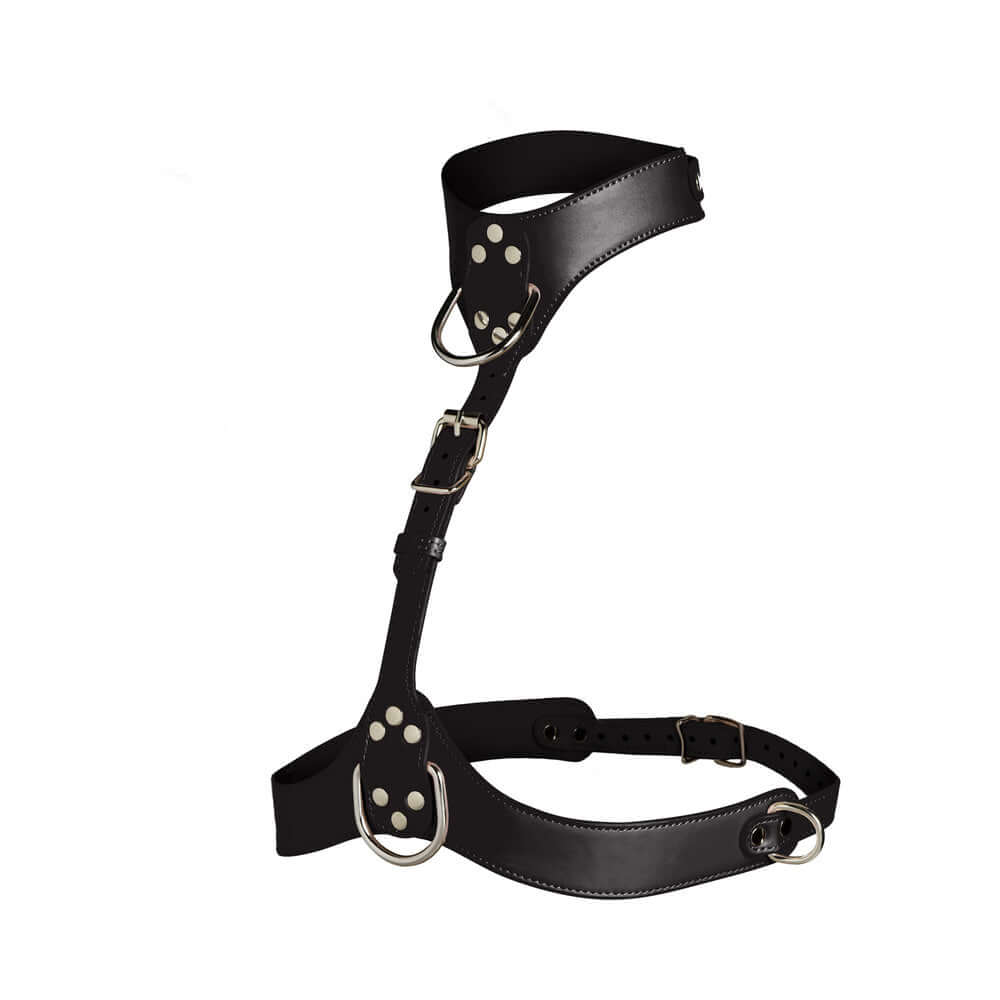 Master Series Vixen Chest Harness Black showcasing sleek vegan leather design with silver accents and adjustable straps.