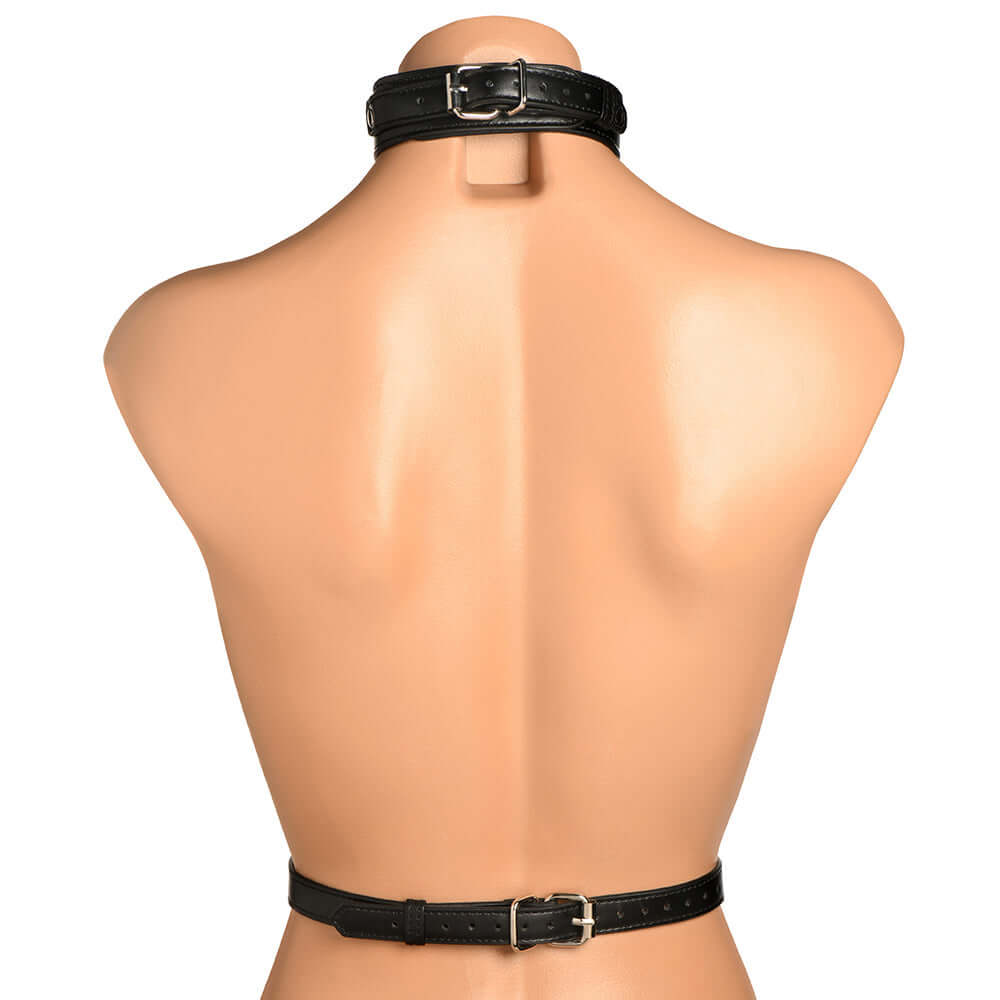 Back view of the Master Series Vixen Chest Harness Black made from durable vegan leather.