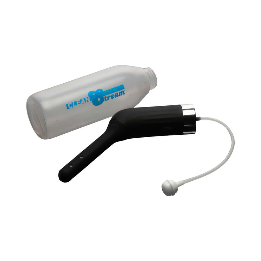 CleanStream Automatic Enema Set featuring a sleek bottle and nozzle for hygiene on the go.