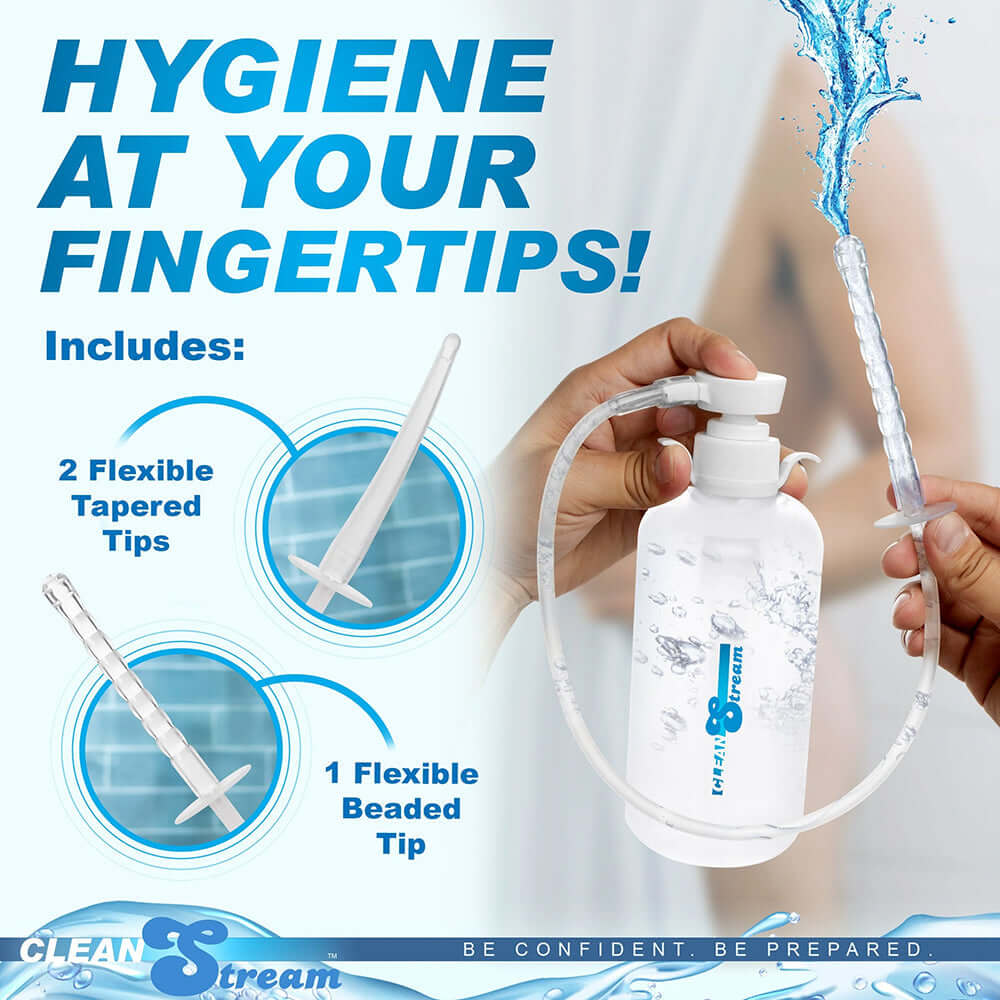 CleanStream XL Enema Bottle with 3 Attachments showcasing tips for personal hygiene.