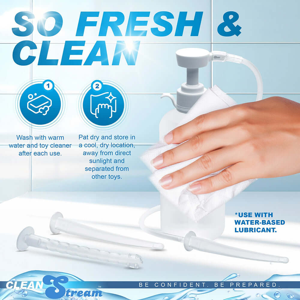 CleanStream XL Enema Bottle with 3 Attachments cleaning instructions and care tips.