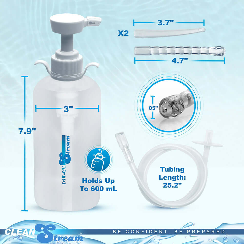CleanStream XL Enema Bottle with 3 Attachments showcasing details and dimensions of the product.