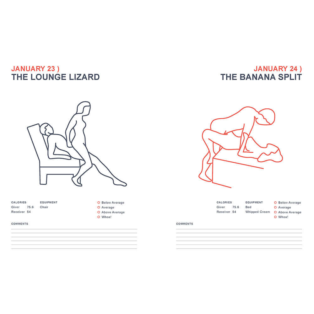 Image showing illustrations from the Position of the Day Playbook Revised and Updated, featuring 'The Lounge Lizard' and 'The Banana Split'.