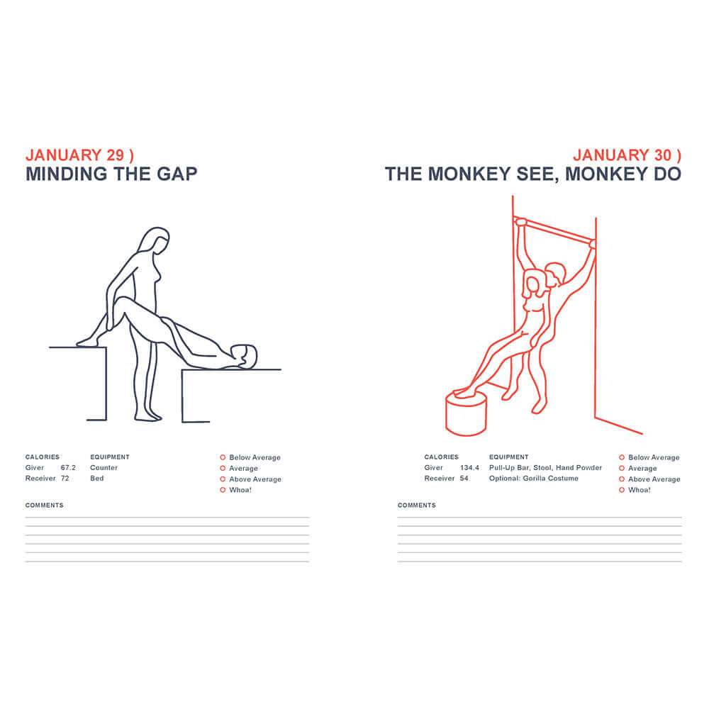 Illustration from Position of the Day Playbook Revised and Updated showing 'Minding the Gap' and 'The Monkey See, Monkey Do'.