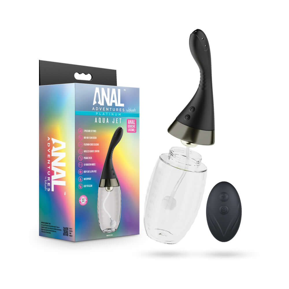 Anal Adventures Platinum Aqua Jet Black with customizable jet and precision spouts in packaging.