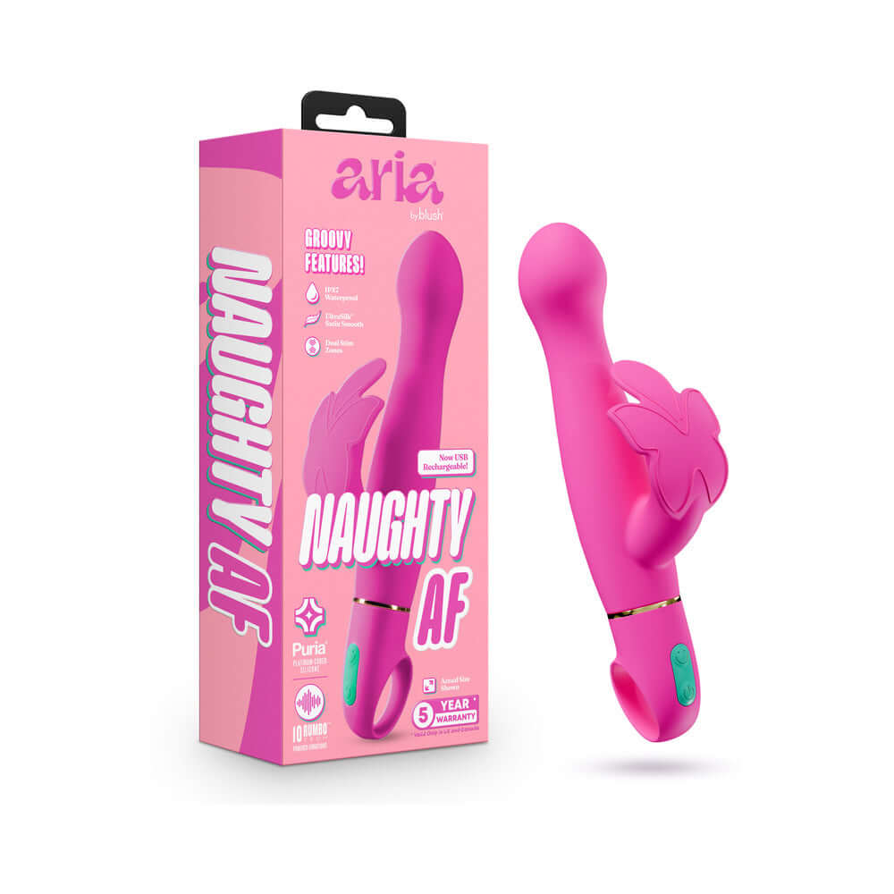 Aria Naughty AF 2.0 Rechargeable Vibe Plum with packaging, featuring advanced vibration technology and luxurious design.