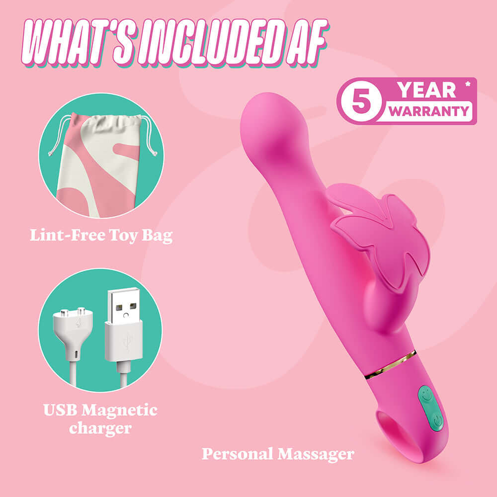 Aria Naughty AF 2.0 Rechargeable Vibe Plum with lint-free toy bag and USB magnetic charger, featuring 5-year warranty.