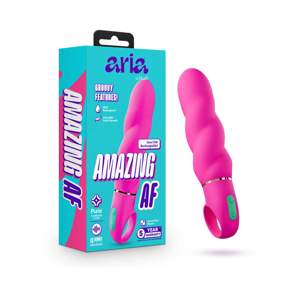 Aria Amazing AF 2.0 Rechargeable Vibe Fuchsia in packaging showcasing vibrant design and features.