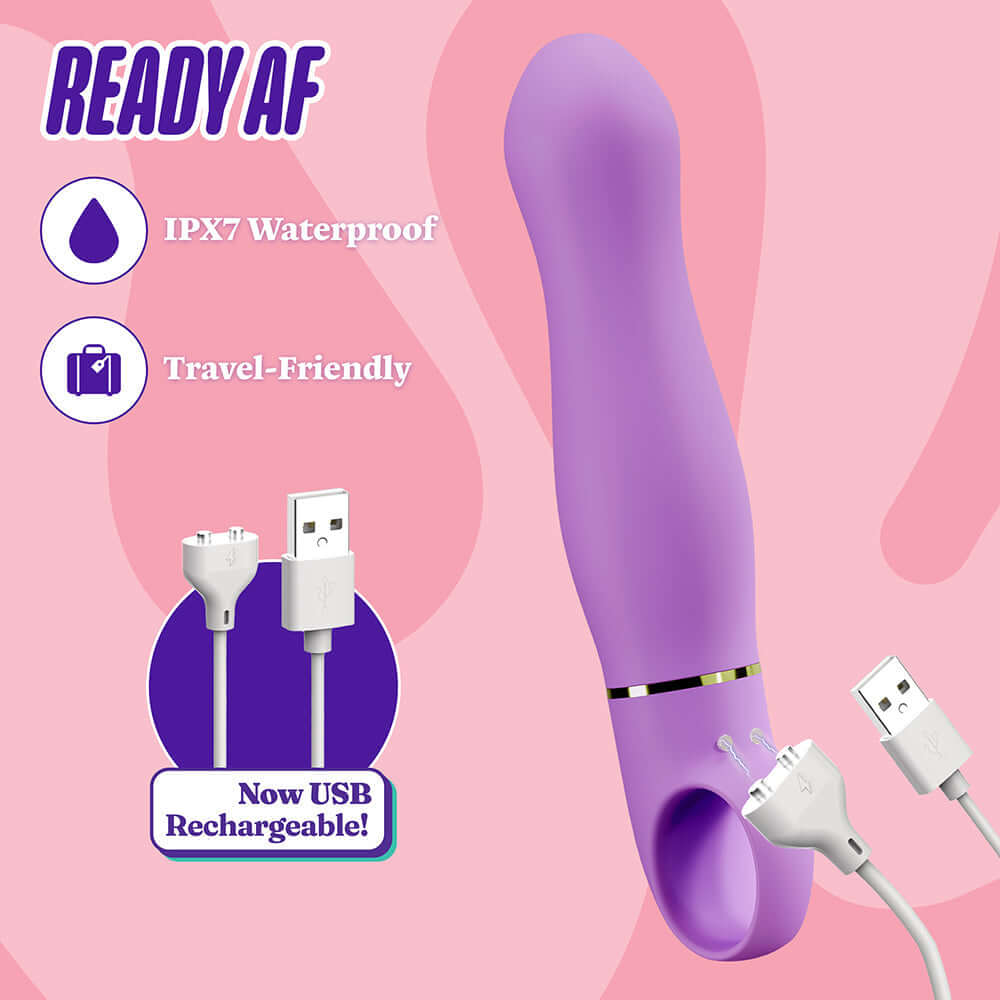 Aria Exciting AF 2.0 Rechargeable Vibe Indigo shown with USB charging cable, waterproof features, and travel-friendly design.