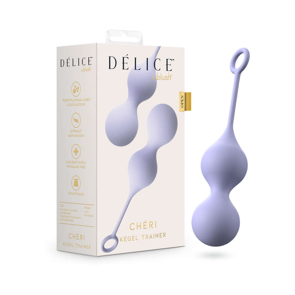 Delice Cheri Kegel Trainer Purple in packaging, a dual-weighted pelvic floor trainer for strength and pleasure.