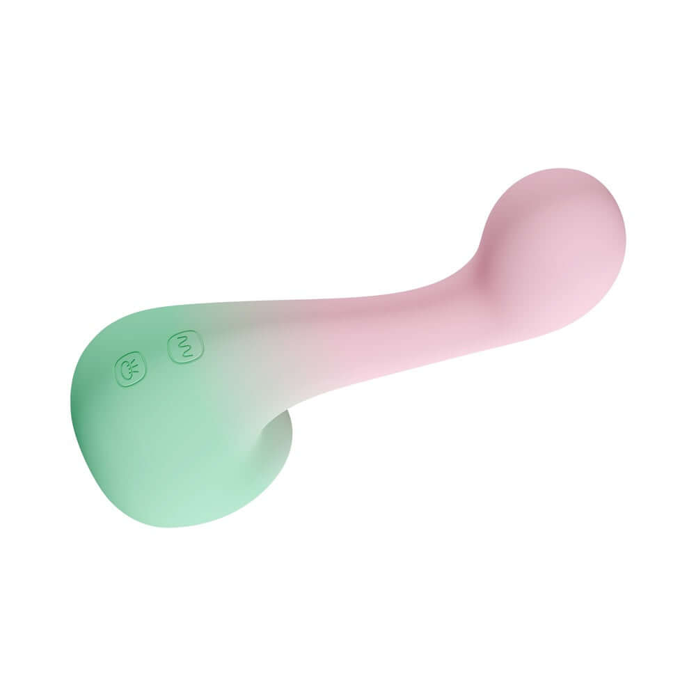 Play With Me Massager Melody Pink versatile dual-ended vibrator in soft pink and green design.
