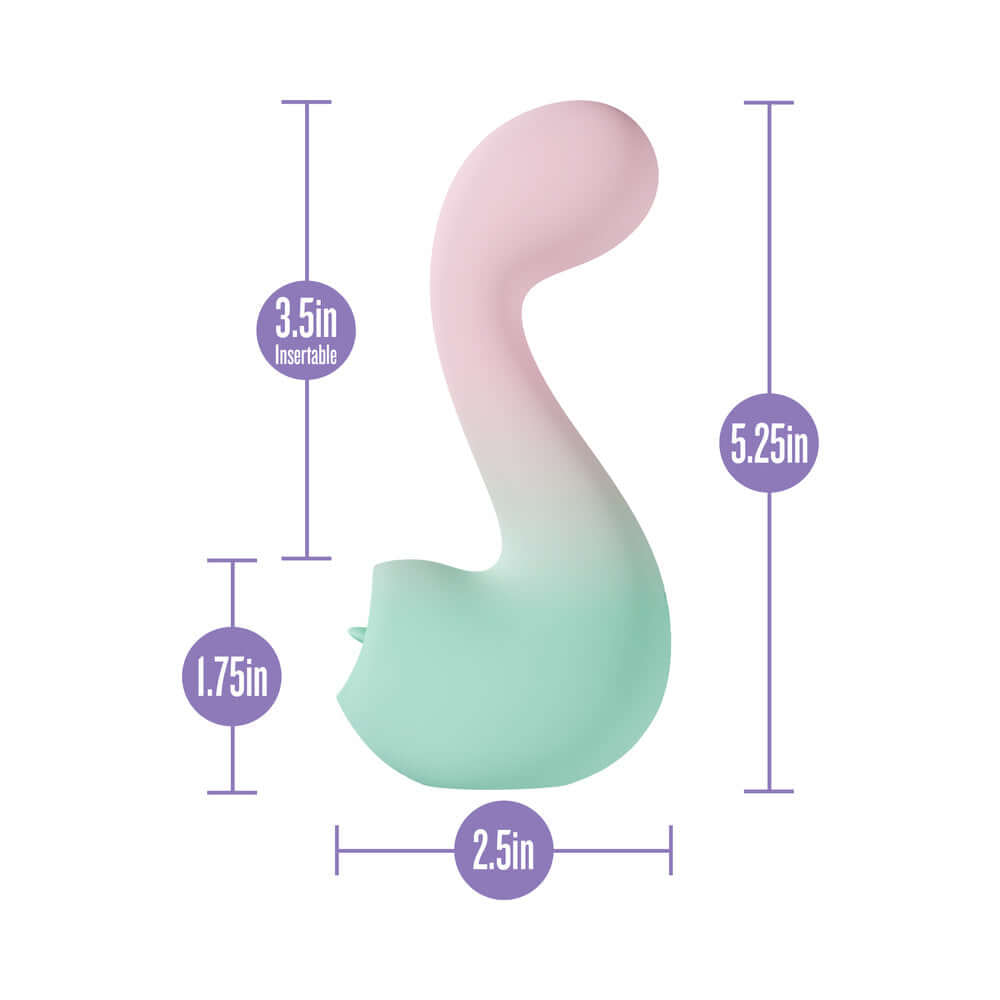 Play With Me Massager Melody Pink dual-ended vibrator in pastel colors with dimensions for personalized pleasure.