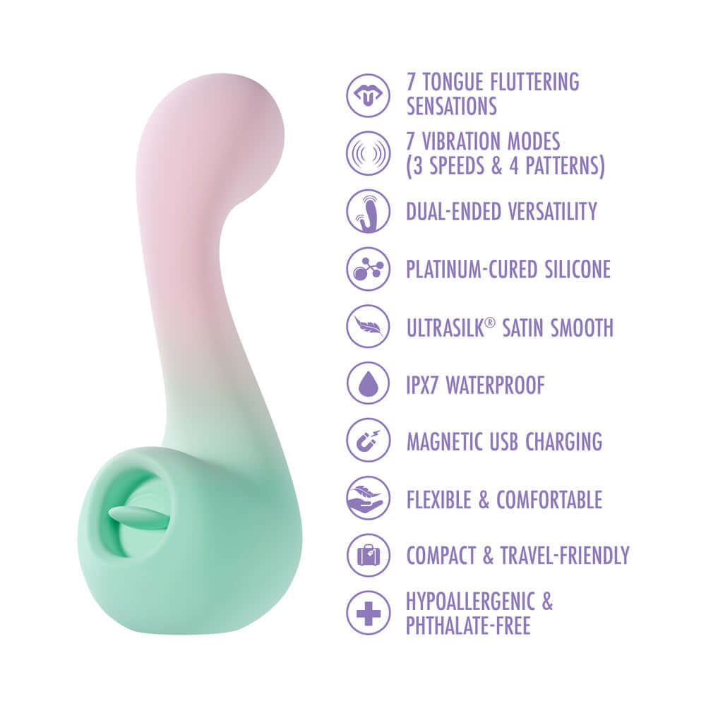 Play With Me Massager Melody Pink: dual-ended vibrator with 7 tongue fluttering sensations and multiple vibration modes.