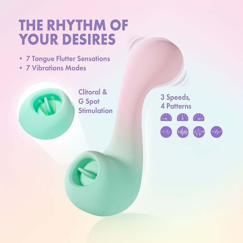 Play With Me Massager Melody Pink vibrates with 7 tongue flutter sensations and 7 vibration modes for ultimate pleasure.