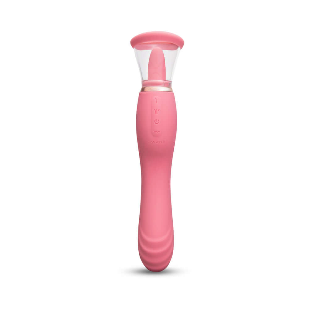 Le Wand Lick Double Ended Vibrator in pink, showcasing its silicone design and innovative oral stimulation feature.