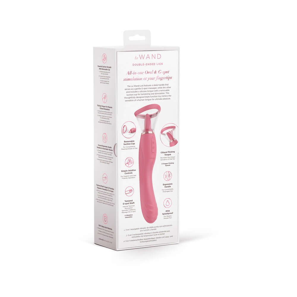 Le Wand Lick Double Ended Vibrator packaging featuring instructions and product details for enhanced pleasure.