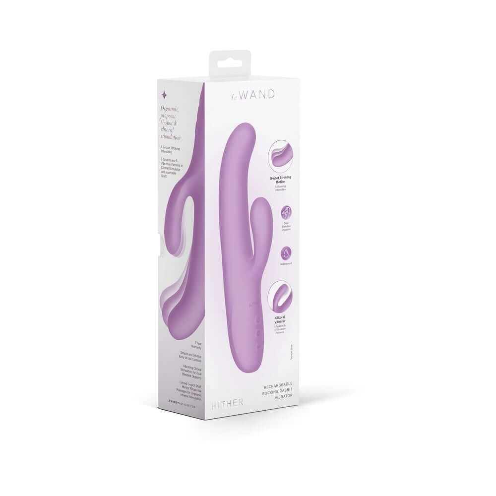 Le Wand Hither Rocking Rabbit Vibrator packaging showcasing its curved design and dual-stimulation features.