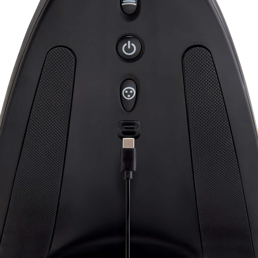 The Cowgirl Saddle Machine Black top view showing control buttons and charging port.