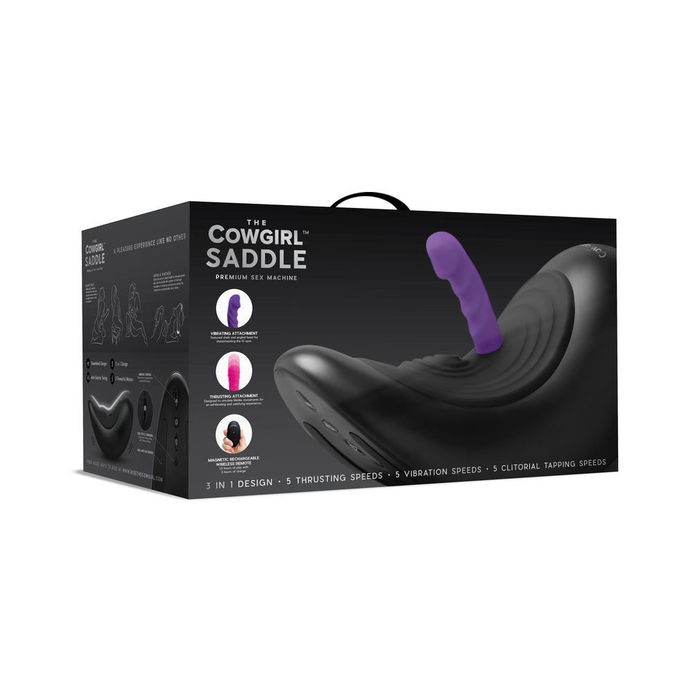 The Cowgirl Saddle Machine Black product packaging with attachments and features highlighted.