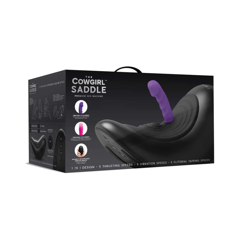 The Cowgirl Saddle Machine Black product packaging with attachments and features highlighted.