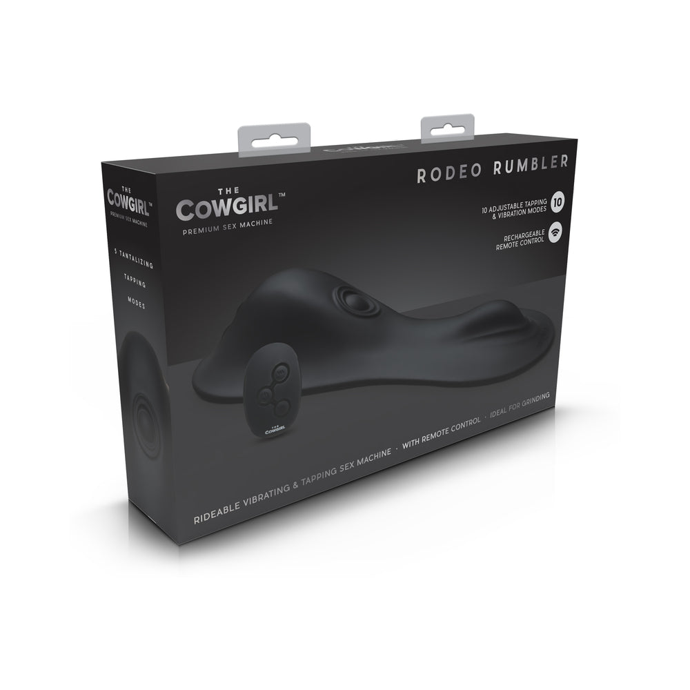The Cowgirl Rodeo Rumbler Premium Sex Machine packaging showcasing its features like remote control and adjustable modes.