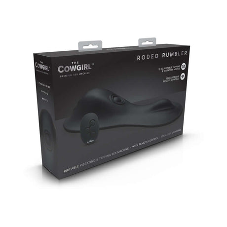 The Cowgirl Rodeo Rumbler Premium Sex Machine packaging showcasing its features like remote control and adjustable modes.