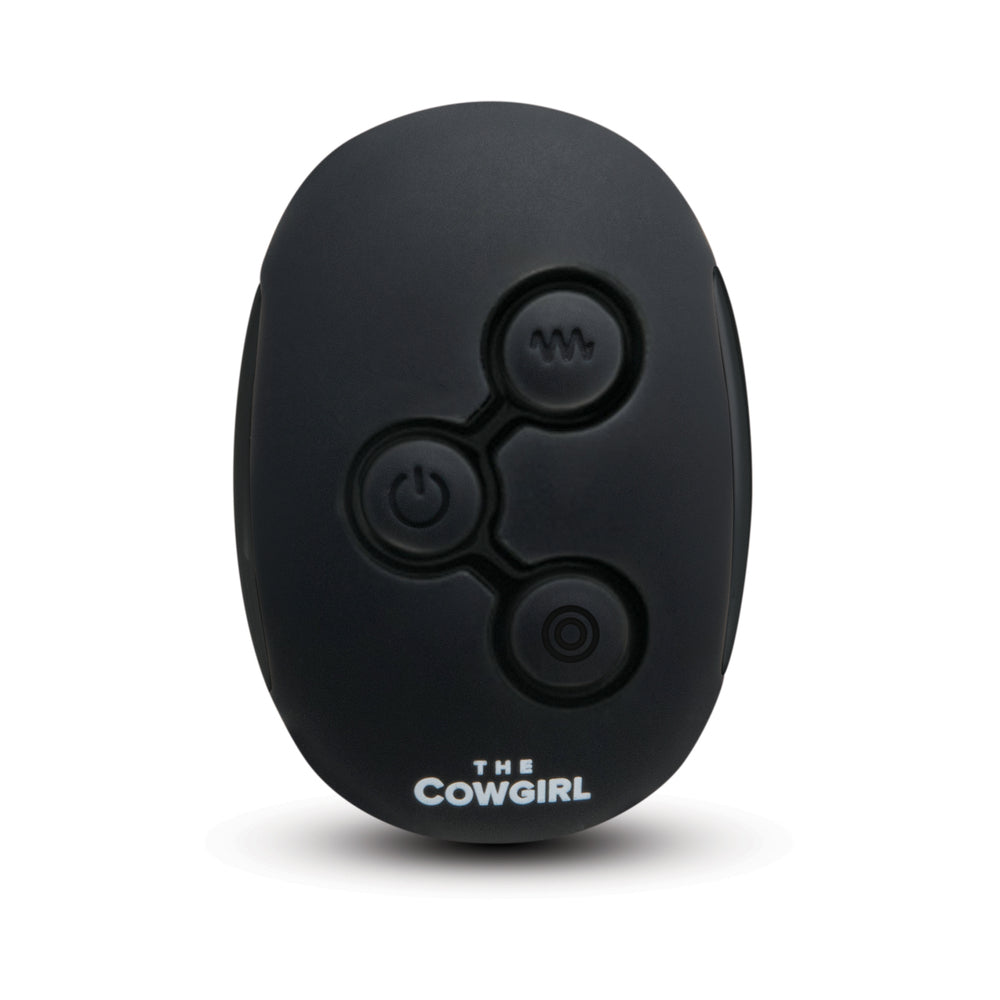 The Cowgirl Rodeo Rumbler Premium Sex Machine remote control featuring adjustable settings for customizable pleasure.