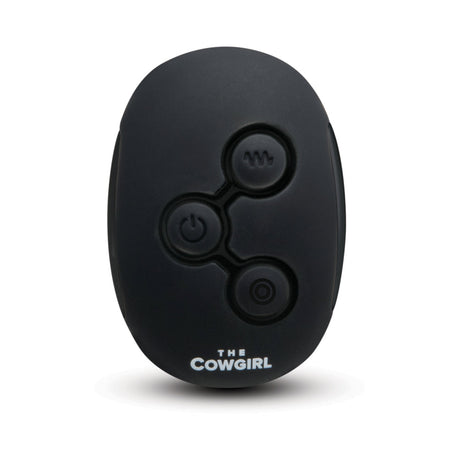 The Cowgirl Rodeo Rumbler Premium Sex Machine remote control featuring adjustable settings for customizable pleasure.