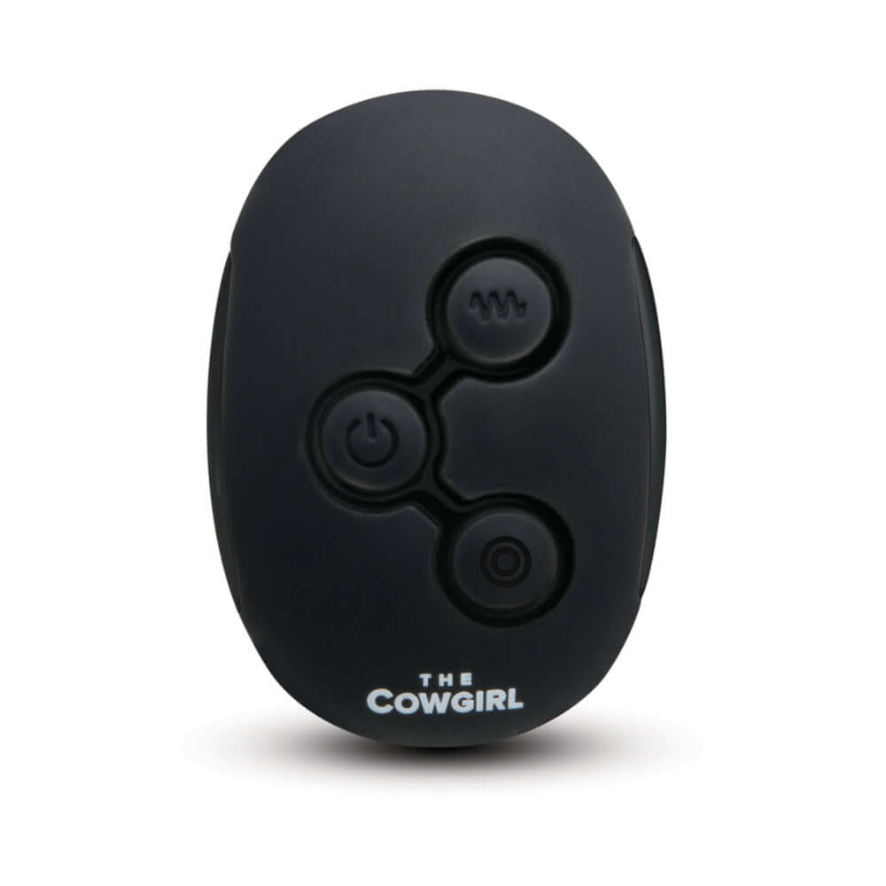 The Cowgirl Rodeo Rumbler Premium Sex Machine remote control featuring adjustable settings for customizable pleasure.