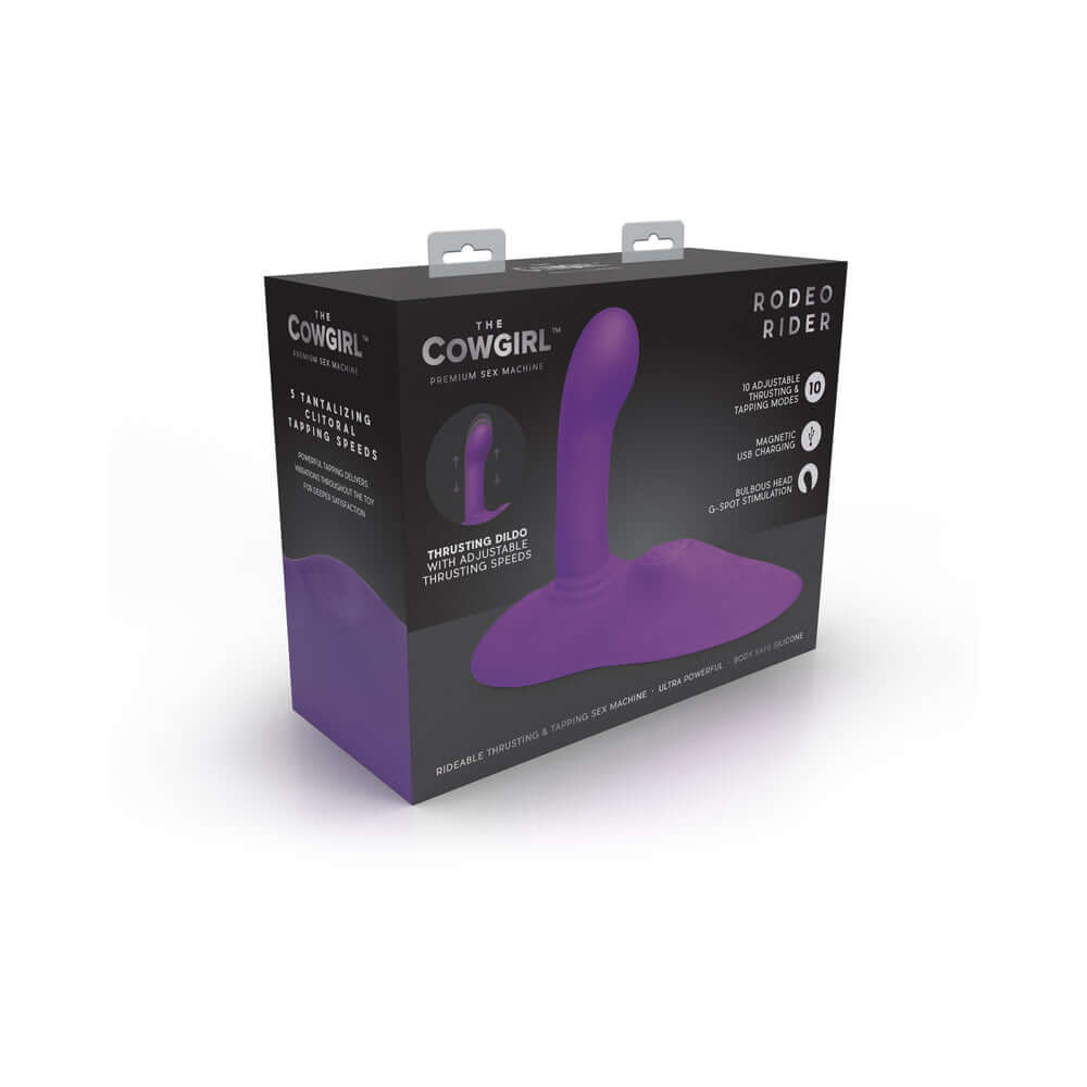 Cowgirl Rodeo Rider Thrusting Grinding Tapping Dildo Purple packaging showcasing its innovative design and features.