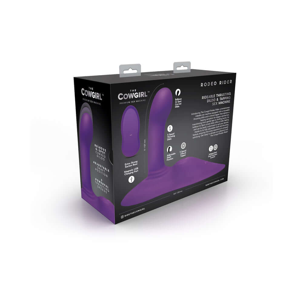 Cowgirl Rodeo Rider Thrusting Grinding Tapping Dildo Purple product packaging displaying its features and design.