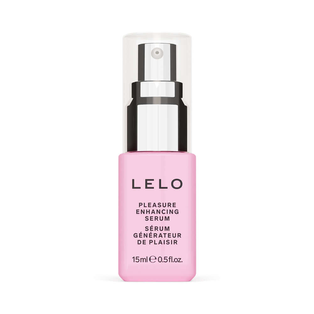 LELO Pleasure Enhancing Serum 0.5 Oz in a sleek pink bottle with a pump dispenser for heightened sensitivity.
