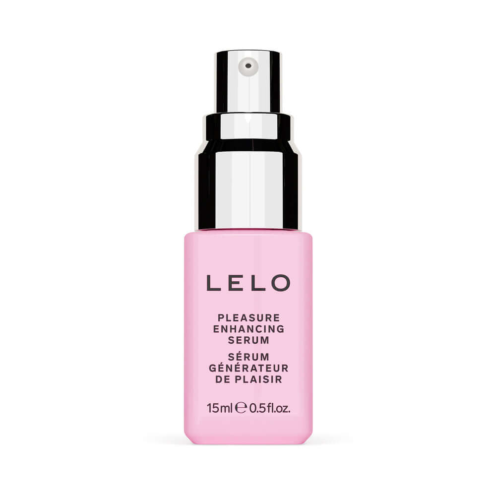 LELO Pleasure Enhancing Serum 0.5 Oz bottle showcasing luxurious stimulating gel for heightened pleasure.