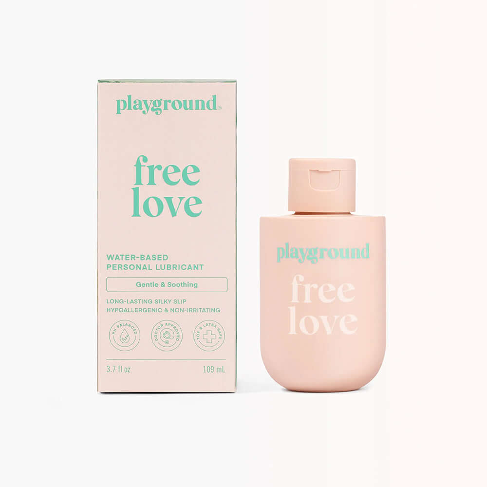 Playground Free Love Water-Based Personal Lubricant 3.7 Oz bottle and packaging, gentle and soothing formula for comfort.