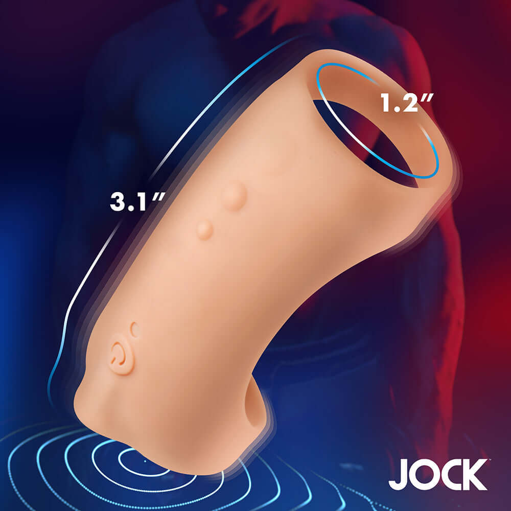 JOCK Vibrating Silicone Penis Sleeve Light with dimensions showing 1.2" and 3.1" for enhanced pleasure and fit.