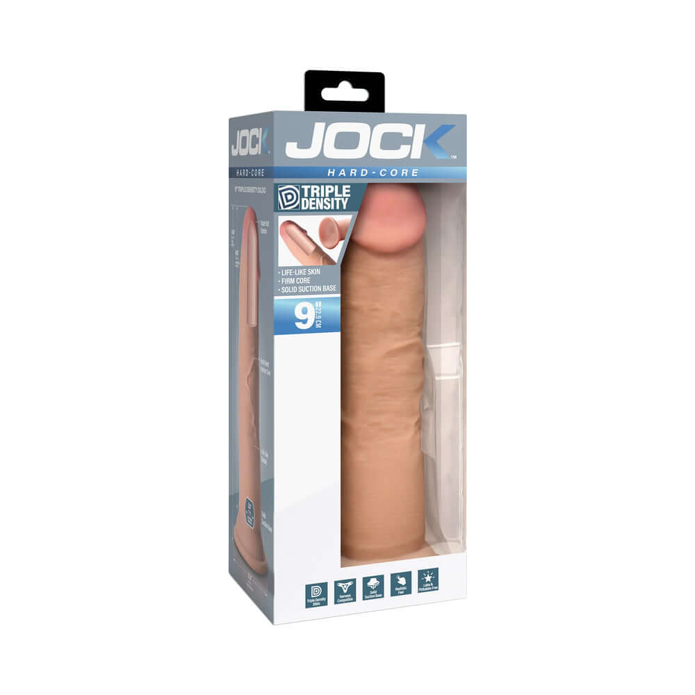 JOCK Hard-Core 9 inch Triple Density Dildo in packaging showcasing realistic design and triple density construction.